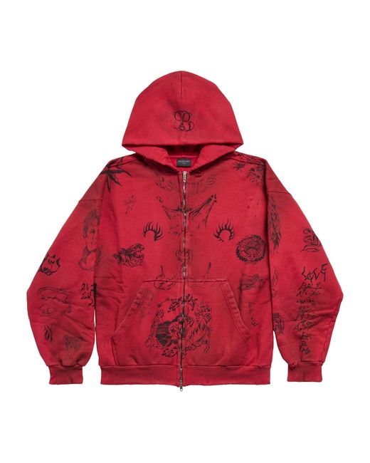 Balenciaga Red Illustrated Zip-up Hoodie for men