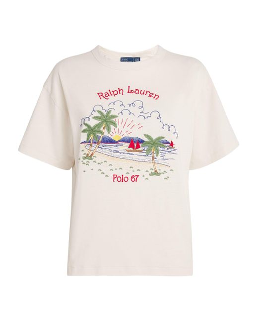 Polo Ralph Lauren White Cotton-Linen Embroidered Beach T-Shirt