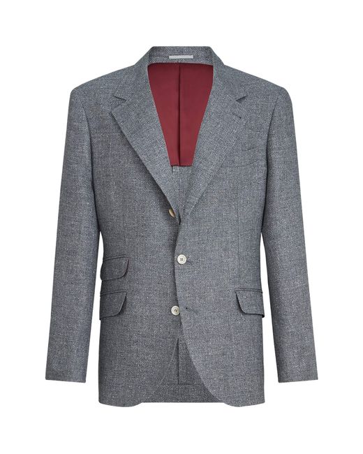 Brunello Cucinelli Blue Silk-Linen-Wool Blazer for men