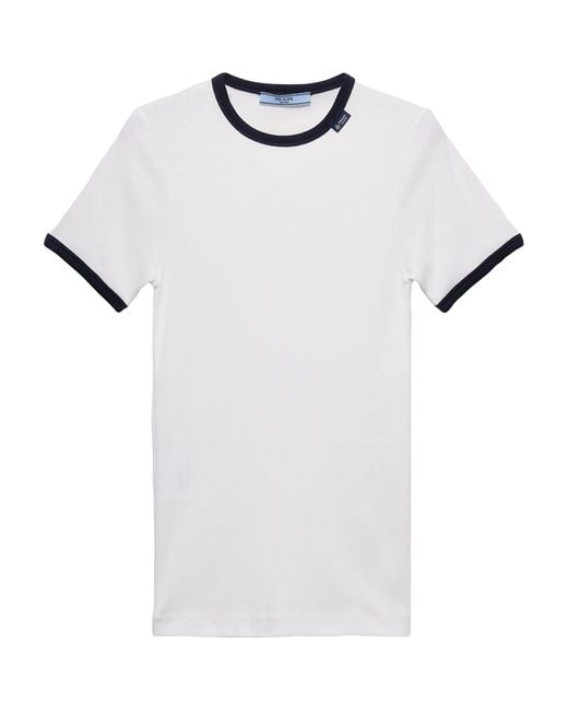 Prada White Contrast-Trim Ribbed T-Shirt