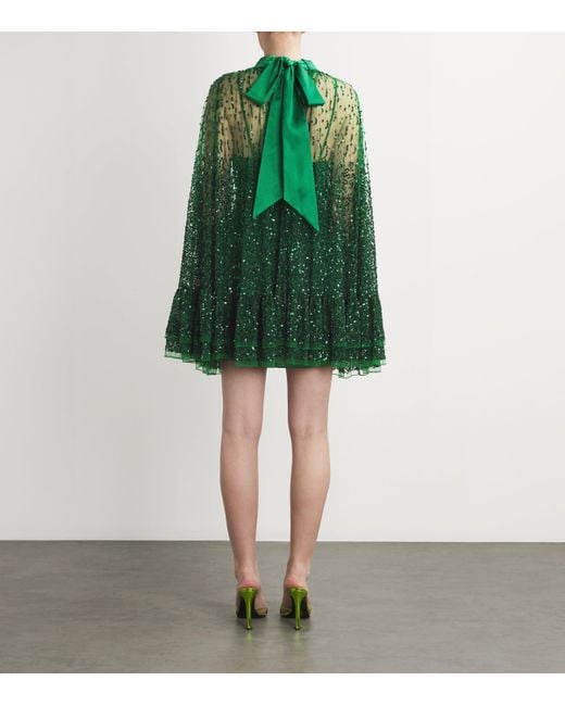 Alice + Olivia Green Embellished-Cape Zenon Mini Dress