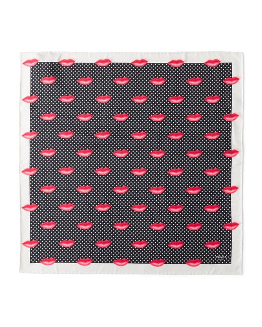 Prada Black Silk Twill Printed Lips Scarf