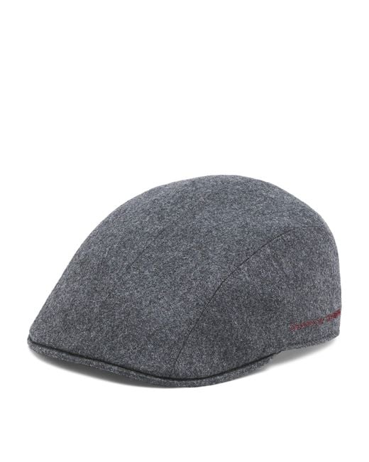 Brunello Cucinelli Gray Virgin Wool Embroidered Flat Cap for men
