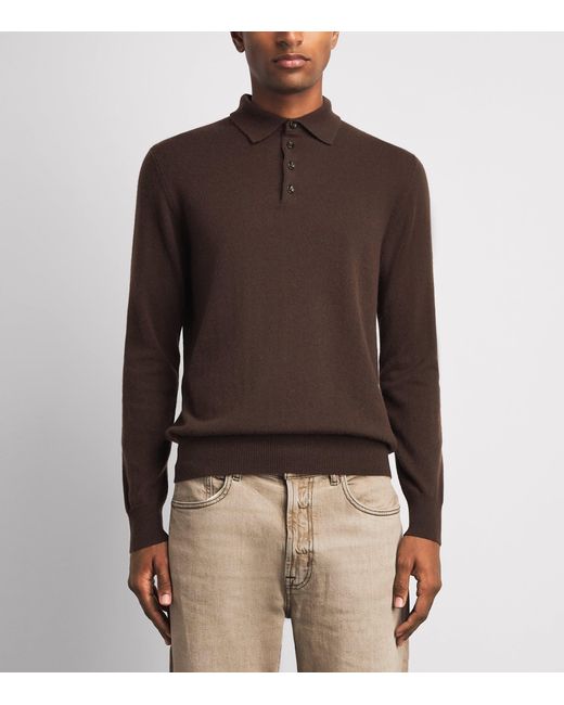 Allude Brown Virgin Wool Open-Collar Polo Sweater for men