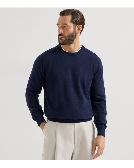 Brunello Cucinelli Blue Cashmere Crew-Neck Sweater for men