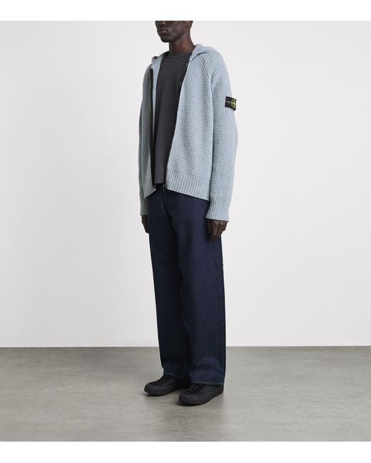 Stone Island Blue Cotton Bouclé Zip-Up Hoodie for men