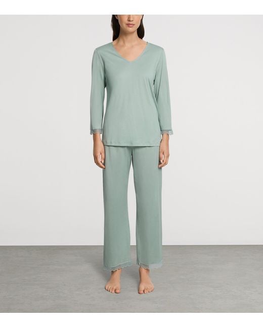 Hanro Green Cotton Long Inaya Pyjama Set