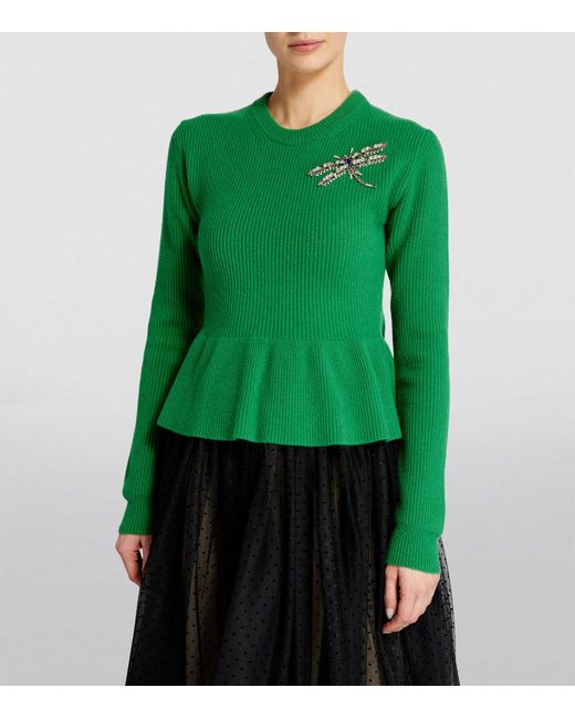 Erdem Green Wool Embellished Peplum Sweater