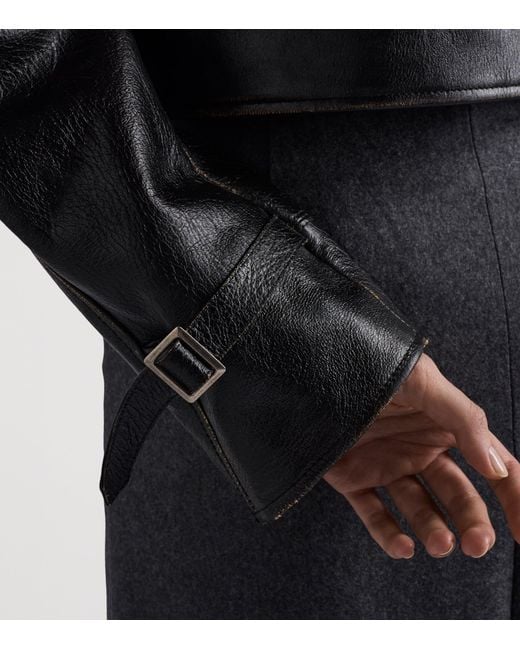 Prada Brown Belted Shearling-Trimmed Leather Jacket