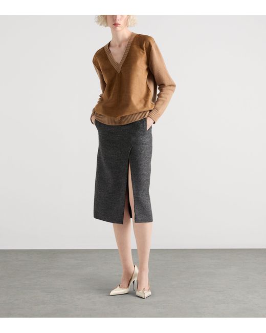 Prada Brown Wool-Cashmere Suede-Trim Sweater