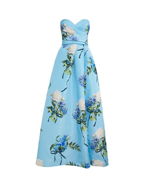 Monique Lhuillier Blue Silk Floral Strapless Gown