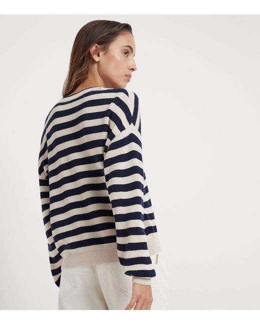 Brunello Cucinelli Blue Cotton Striped Sweater