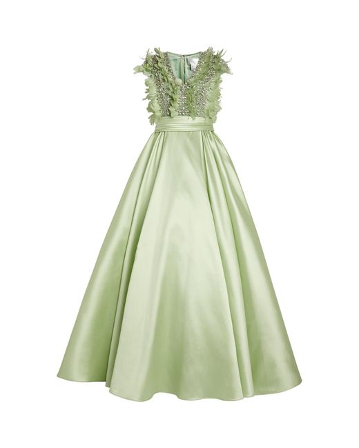 Pamella Roland Green Embellished Bodice Feather-trim Gown