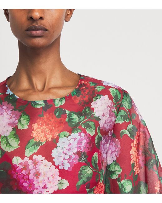 Carolina Herrera Red Silk Floral Puff-Sleeve Blouse