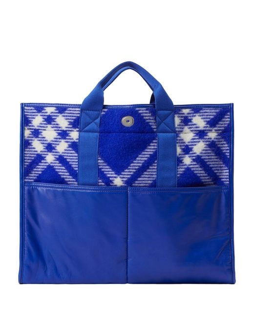 Burberry Blue Wool Check Tote Bag for men