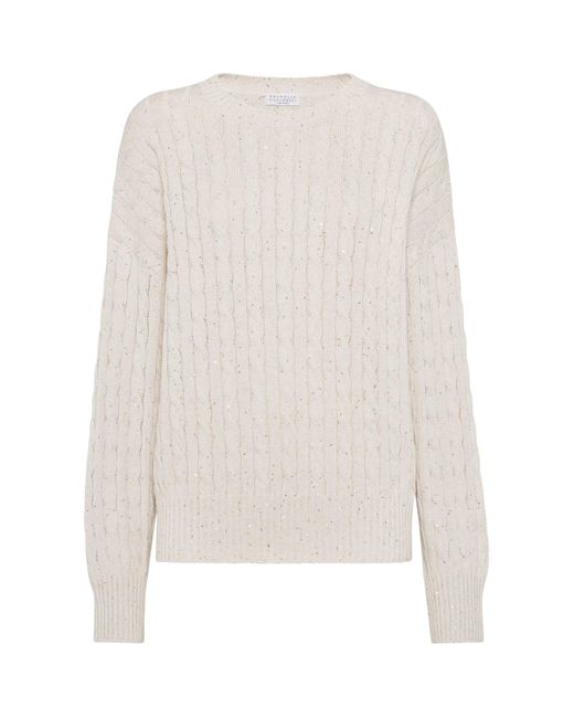 Brunello Cucinelli White Sequinned Cable-Knit Sweater