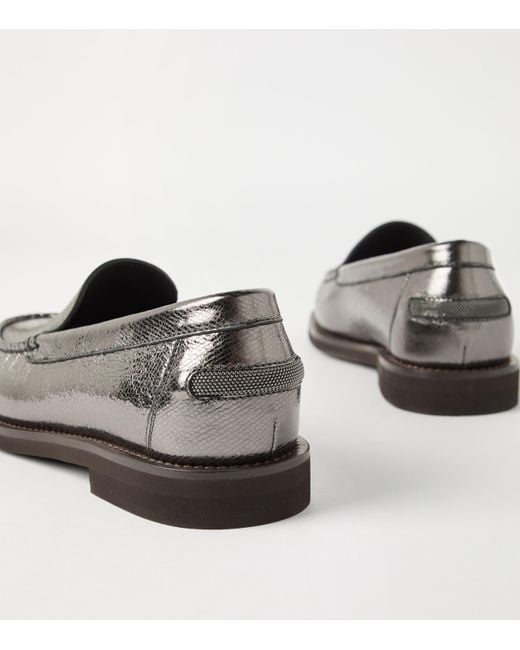 Brunello Cucinelli Gray Lamé Calfskin Penny Loafers