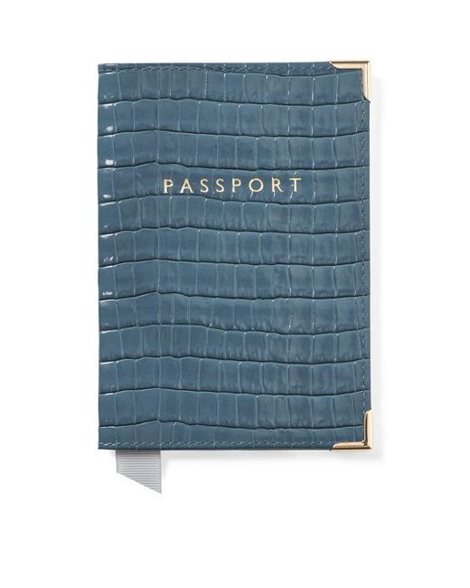 Aspinal Blue Leather Croc-Embossed Passport Cover for men