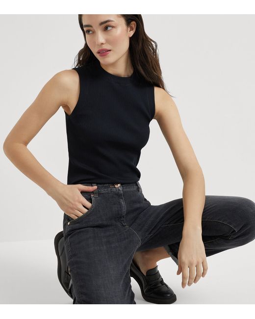 Brunello Cucinelli Black Cotton Ribbed Tank Top