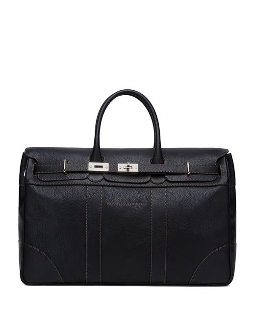 Brunello Cucinelli Black Leather Weekender Duffle Bag for men