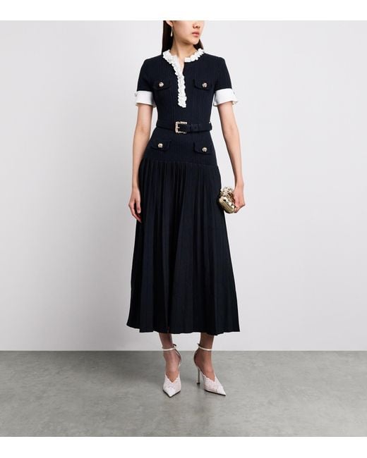 Self-Portrait Black Ribbed Ruffle-Detail Midi Dress