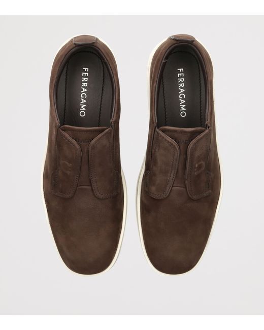 Ferragamo Brown Nubuck Leather Alfie Slip-On Sneakers for men