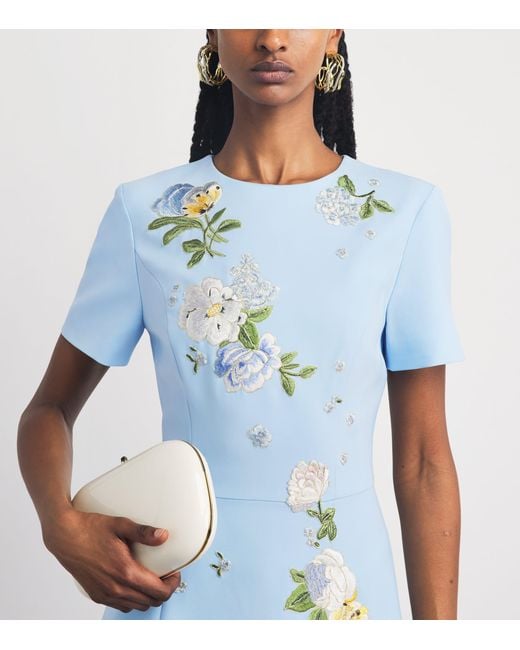 Carolina Herrera Blue Crepe Floral Embroidered Gown