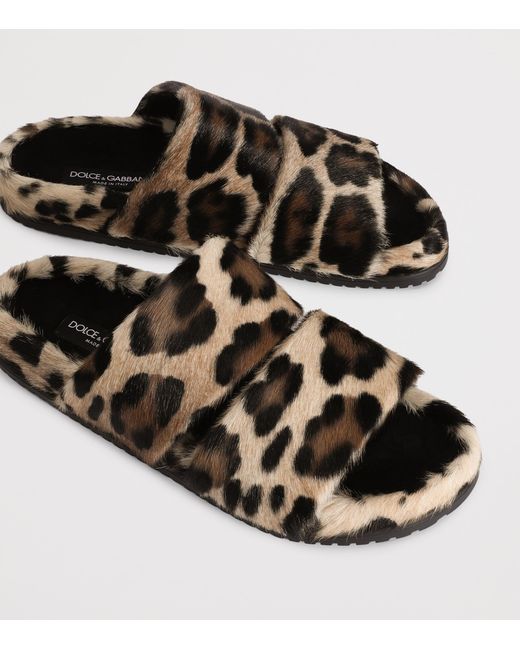 Dolce & Gabbana Brown Leather Leopard Print Slides for men