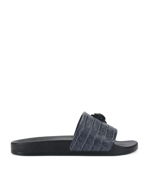 Kurt Geiger Blue Leather Croc-Embossed Eagle Slides for men