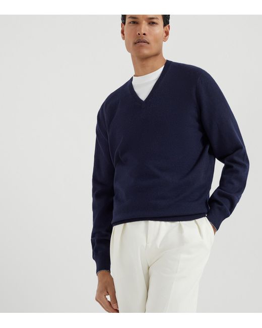 Brunello Cucinelli Blue Cashmere V-Neck Sweater for men