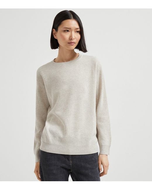 Brunello Cucinelli White Cashmere English Rib Knit Sweater