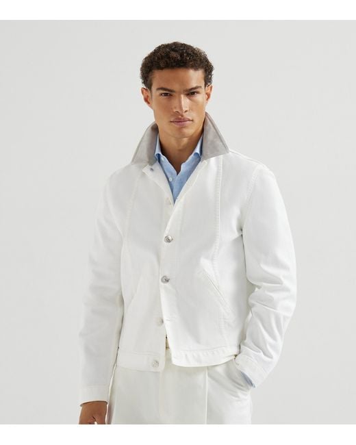 Brunello Cucinelli White Denim Leather-Collar Jacket for men