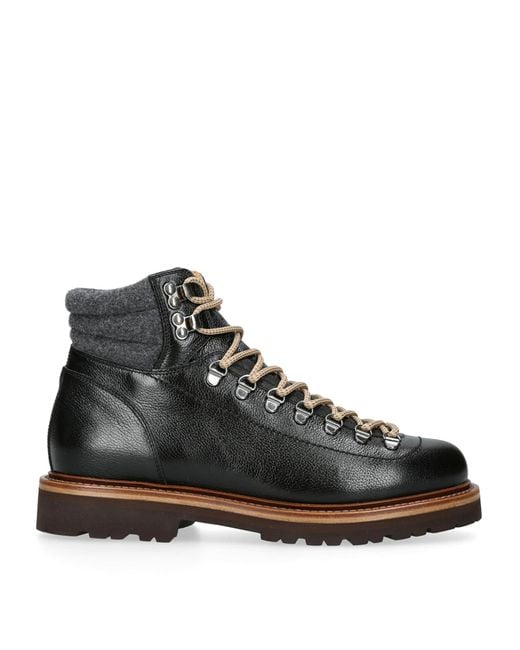 Brunello Cucinelli Black Leather Wool-Trim Mountain Boots for men