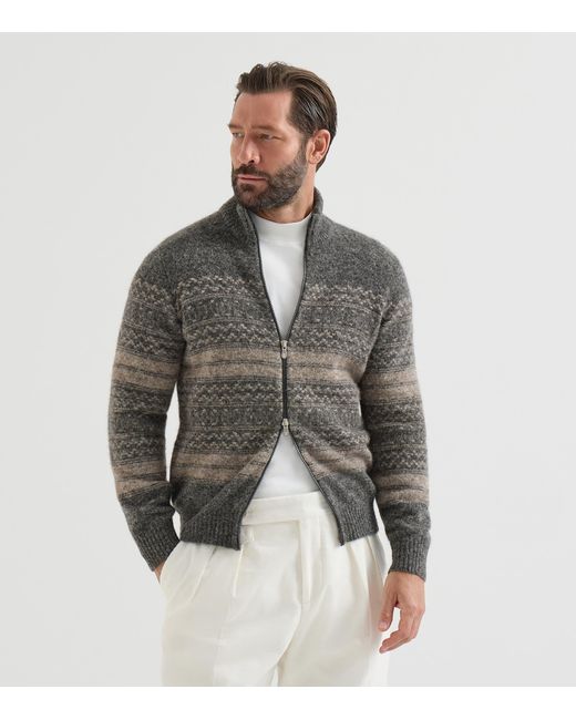 Brunello Cucinelli Gray Jacquard High-Neck Zip Cardigan for men