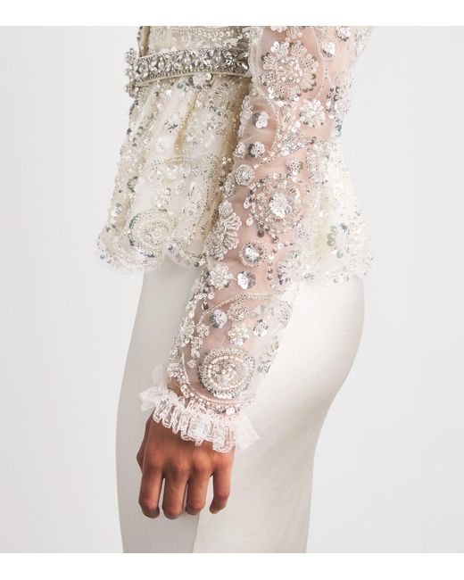 Self-Portrait White Satin Sequin-Embellished Gown