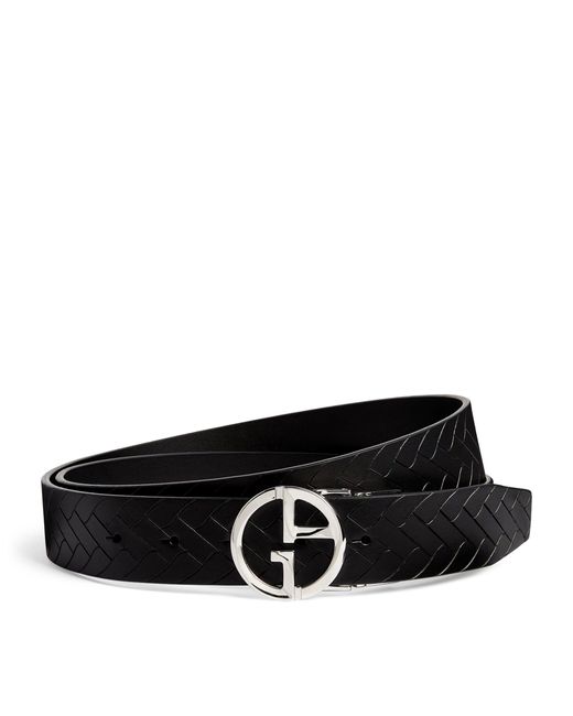Giorgio Armani Black Leather Textured Logo Belt for men