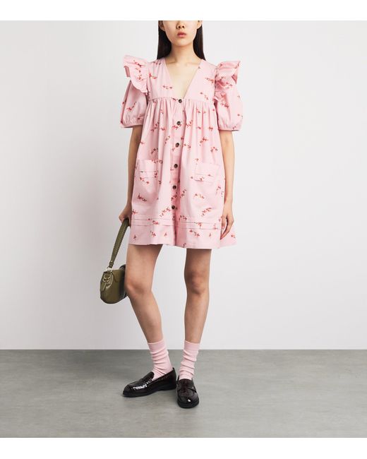 Ganni Pink Stretch-Cotton Floral Mini Dress