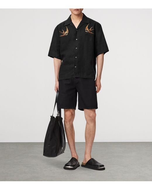 AllSaints Black Linen Embroidered Avia Shirt for men