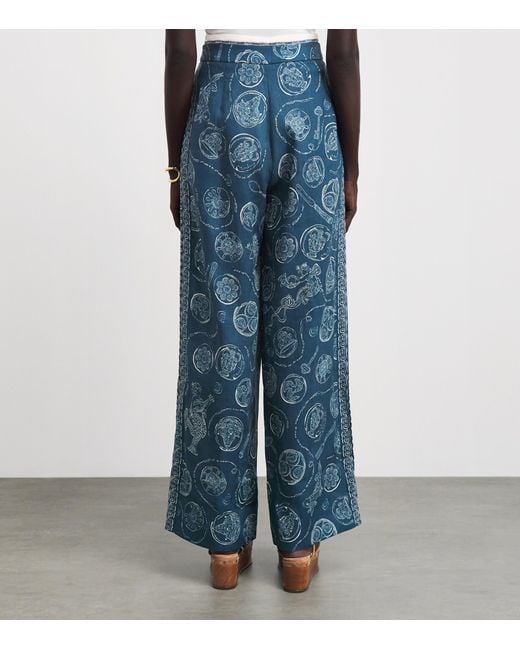 ALÉMAIS Blue Linen Printed Lucky Trousers