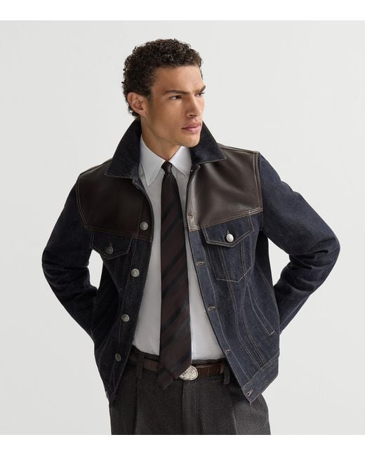 Brunello Cucinelli Black Leather-Trim Denim Jacket for men