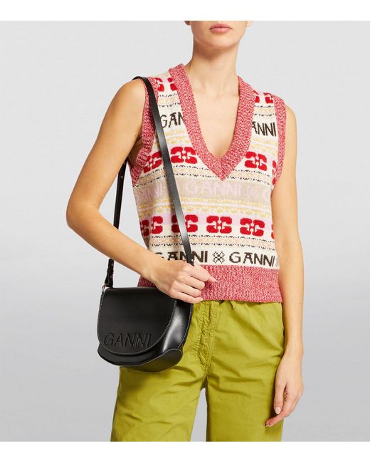 Ganni Leather Banner Saddle Crossbody Bag in Black Lyst