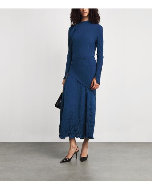Victoria Beckham Blue Plisse Long-Sleeve Midi Dress