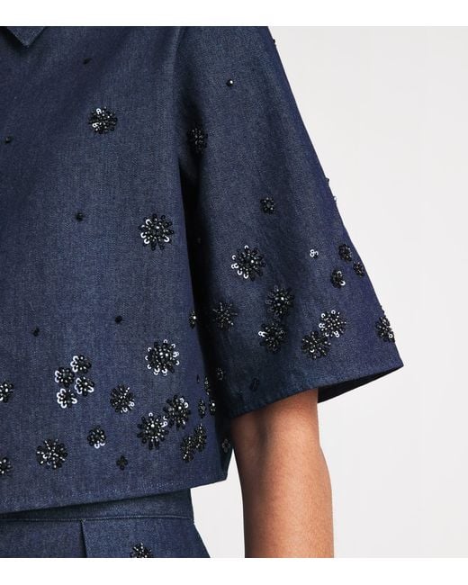 Maje Blue Denim Embellished Cropped Shirt