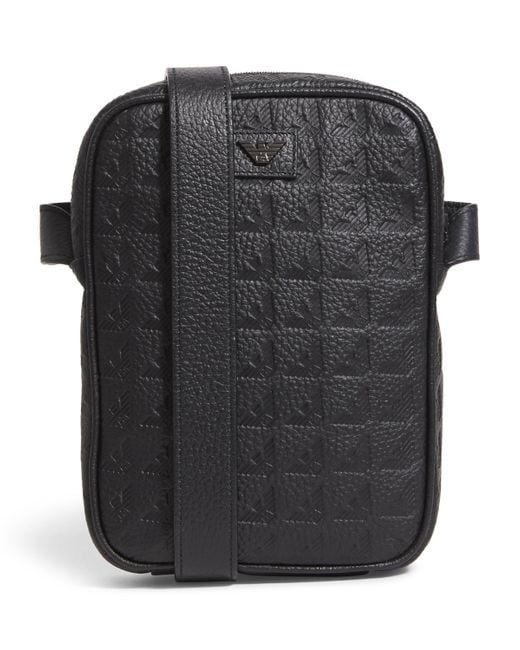 Emporio Armani Black Leather Eagle Embossing Tech Cross-Body Bag for men