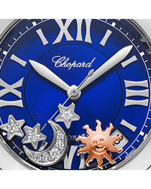 Chopard Blue Stainless Steel And Diamond Happy Sport Sun, Moon And Stars Watch