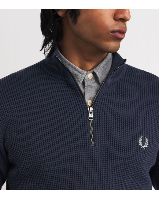 Fred Perry Blue Cotton Waffle Stitch Quarter-Zip Sweater for men