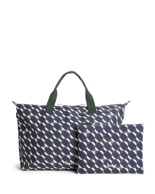 Harrods Blue Geo Clash Packable Overnight Tote Bag
