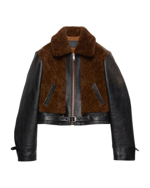 Prada Brown Belted Shearling-Trimmed Leather Jacket