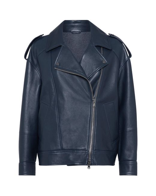 Brunello Cucinelli Blue Leather Biker Jacket