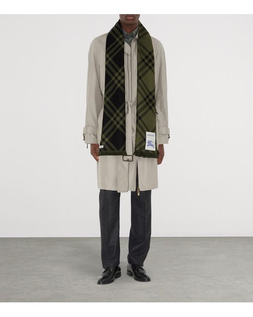 Burberry Green Silk-Wool Wide Check Scarf